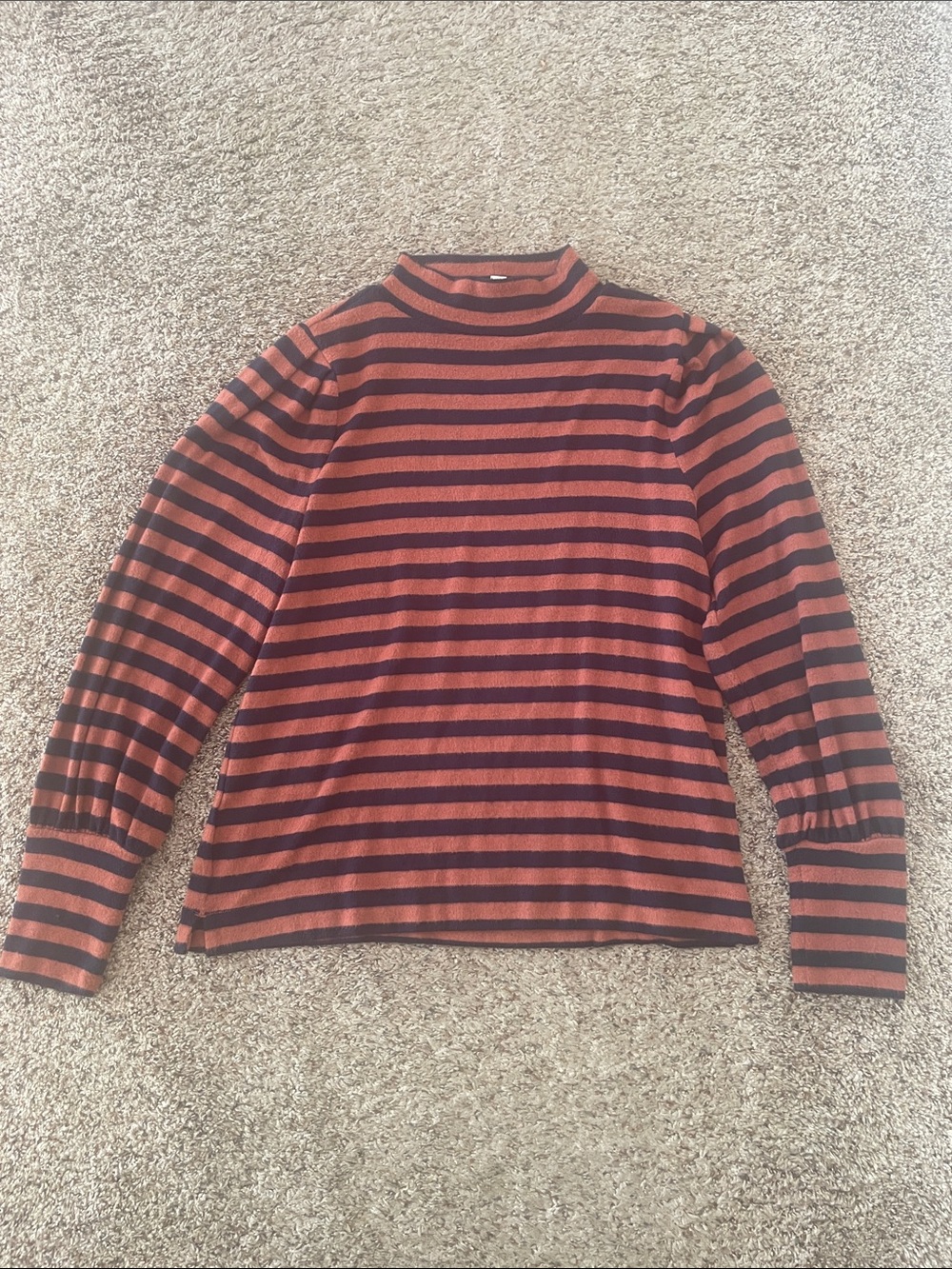 LOFT Rust and Blue Striped Long Sleeve Mock-Neck Top